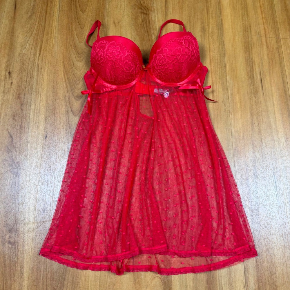 Daisy Fuentes Red Swiss Dot Mesh Babydoll Lingerie Lace Underwire Chemise S